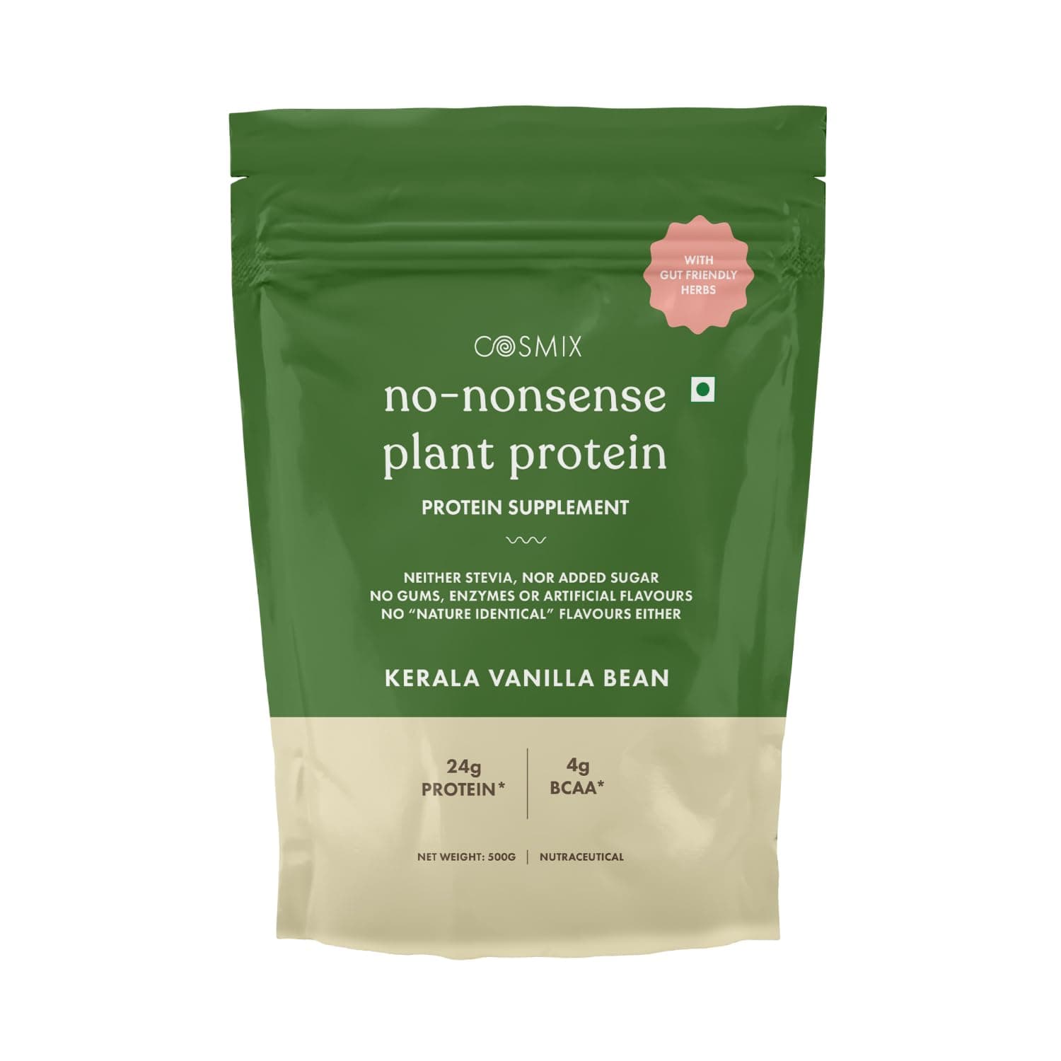Cosmix No-Nonsense Plant Protein | 24 Protein/Serve, 500g Pouch | Kerala Vanilla Bean